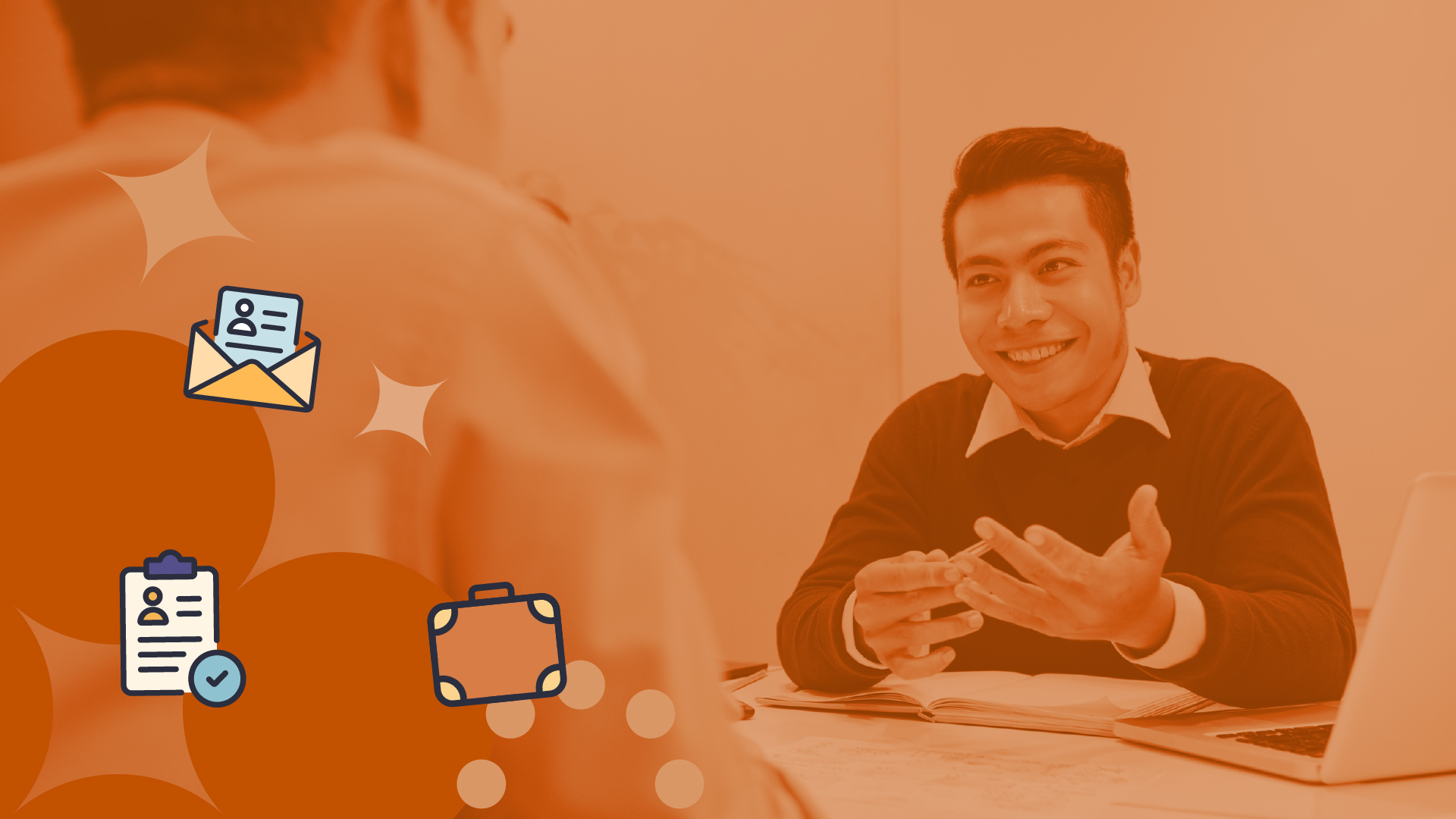 Two people sitting at a table conducting an IT interview with floating icons representing resumes and a briefcase