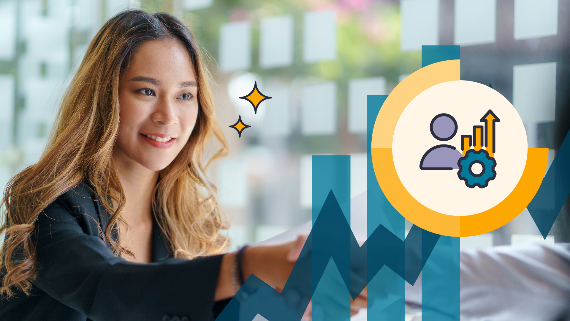 A woman shaking hands with a figure off-screen, next to a graphic representation of launching your IT career