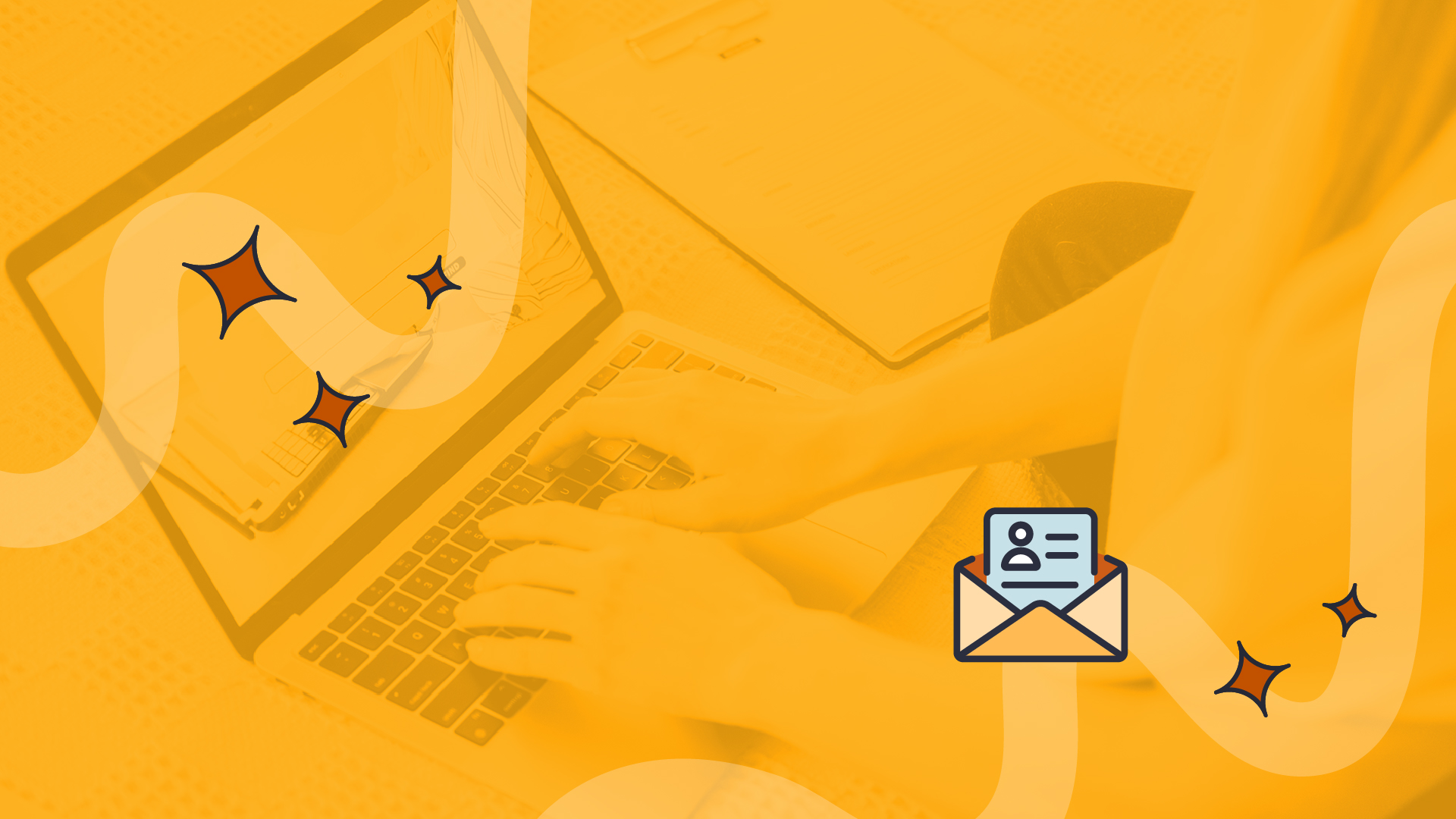 A person writing on a laptop, applying for a job with a graphic of a resume floating above