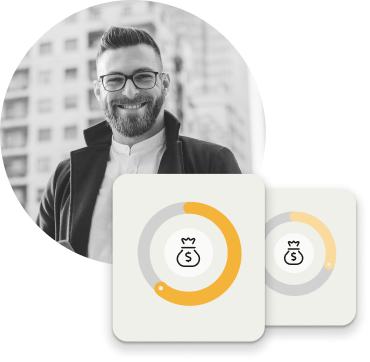 smiling bearded man with glasses and two money bags graphics