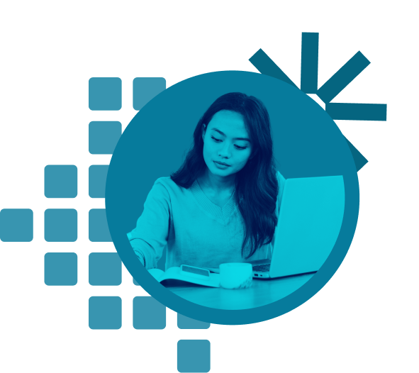 happy professional woman with tablet in front of contribution graph background